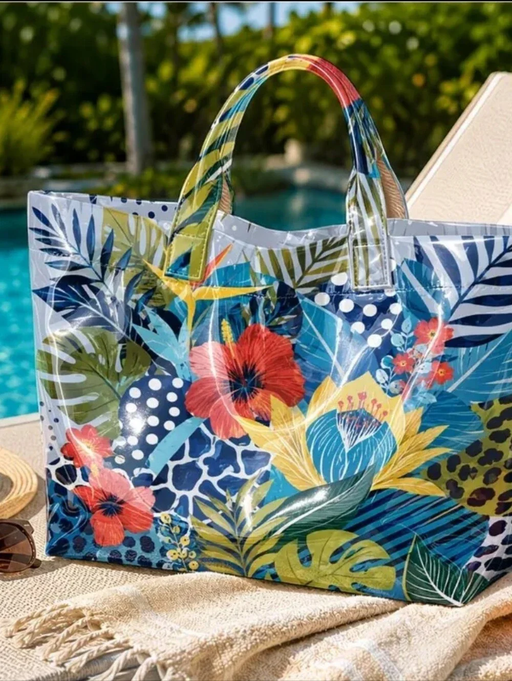 Women Exotic Tropical Hibiscus Palm Leaf Print PVC Daily Hand Tote Bag